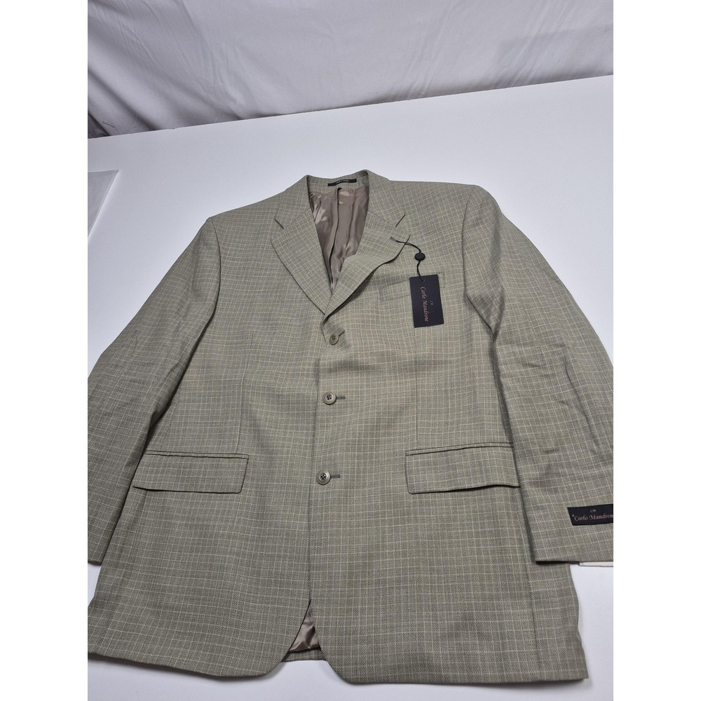 Carlo Mandrone Blazer Mens 44R Beige Wool Check 3 Button Sport Coat NWT